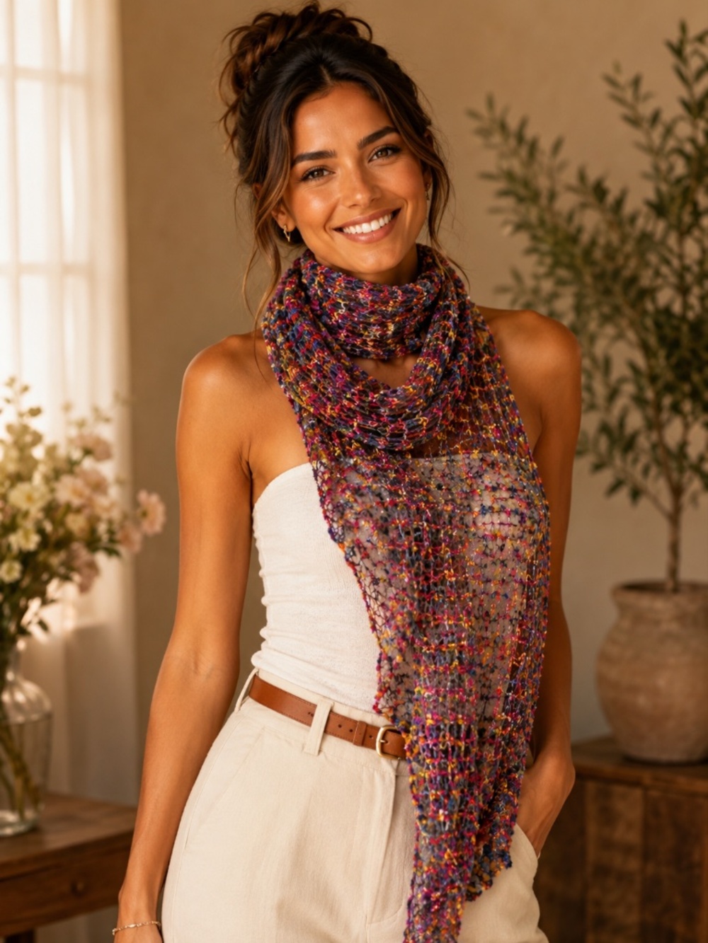 Long Lightweight Multicolor Scarf Open Stitch Boho Cottagecore Preppy Chic
